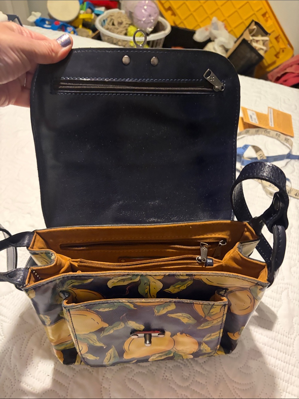 Patricia Nash Navy and Yellow Lemon Print Crossbody Bag - Picture 3 of 6